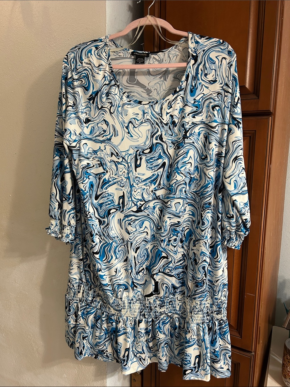 Robert Louis Blue & White Marble-Print Long Sleeve Tunic Dress